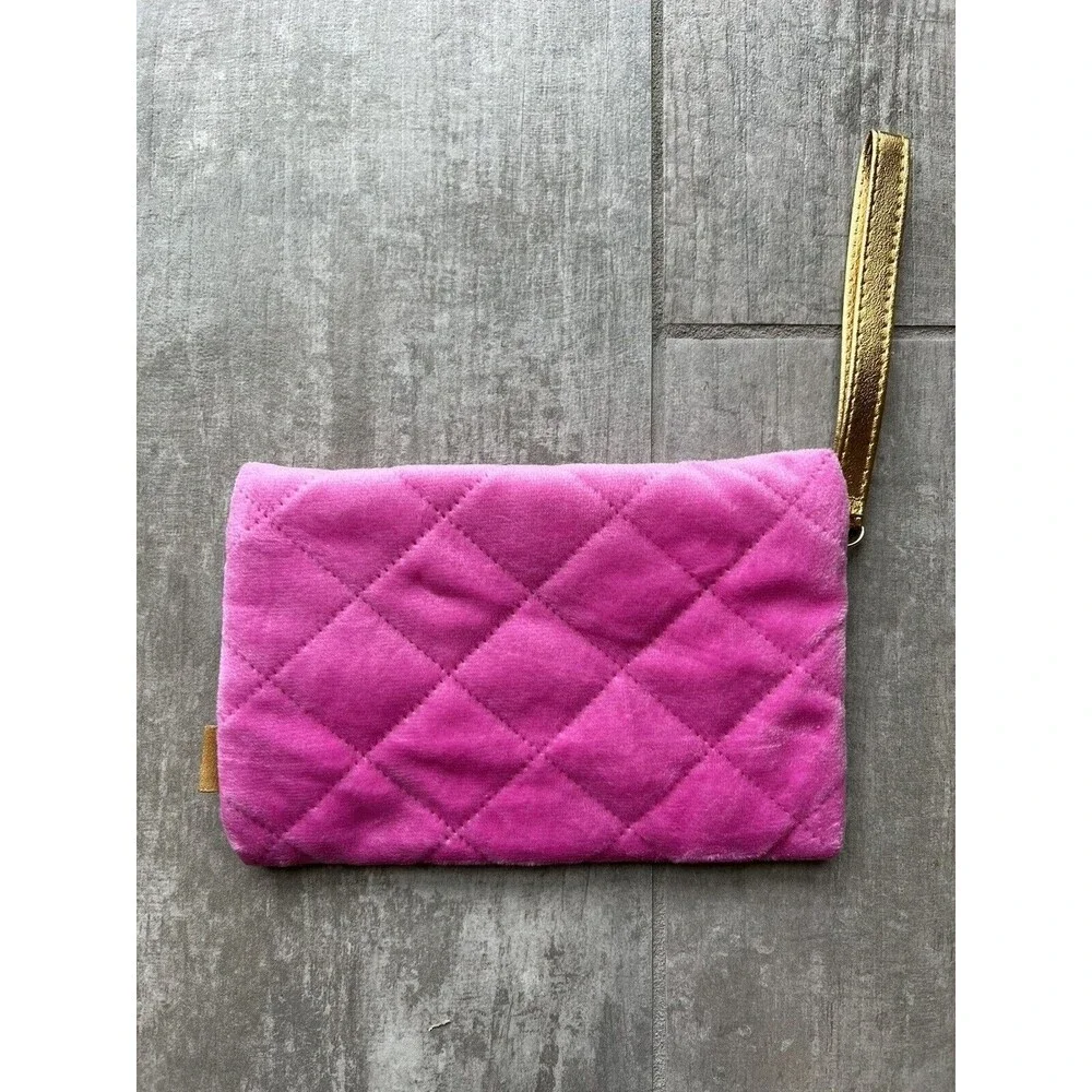 Bright pink Gold Velvet Makeup Bag Travel Pouch Clutch Wallet Organizer Case NEW